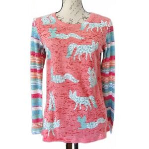 Whimsy Rose Sundance Fox & Stripe Waffle Knit Long Sleeve Top Medium Multicolor
